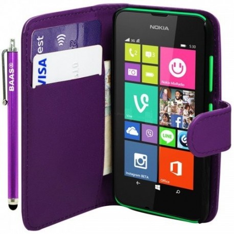 Etui Housse Cuir Violet Portefeuille Nokia Lumia 530 + stylet + 3 films offerts