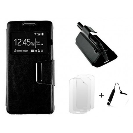 ETUI HOUSSE FOLIO FENETRE NOIR POUR GALAXY CORE 4G SM- G386F + 3 FILMS ANTI TRACES ET 1 STYLET OFFERTS