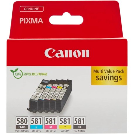 Canon 580 581 Multipack Cyan + Magenta + Jaune + Noir + Noir PGBK CLI-581C CLI-581M CLI-581Y CLI-581BK + PGI-580PGBK